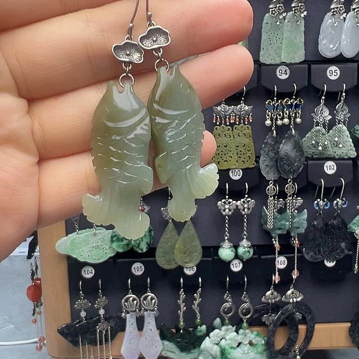 和田玉银S925镶嵌耳饰独*