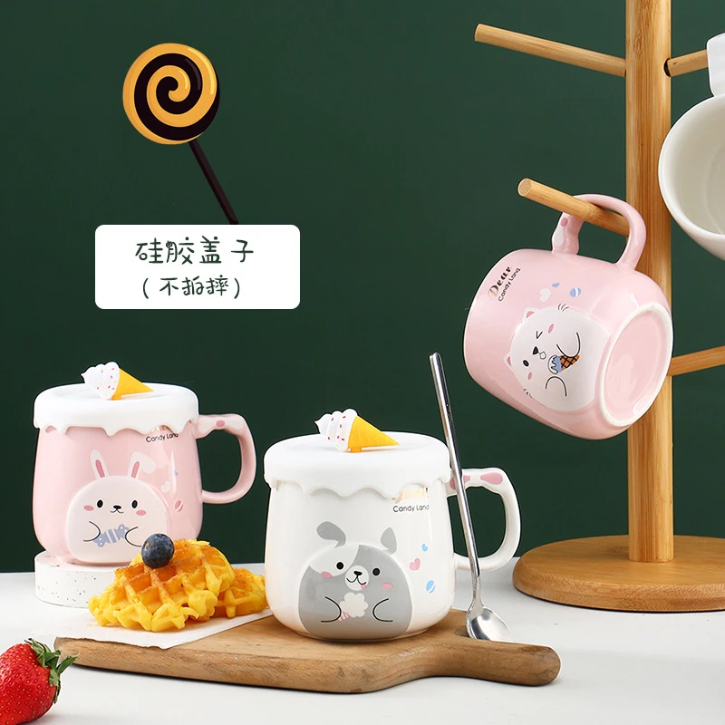马克杯带盖勺软萌治愈系可爱小兔子韩板儿童学生少女陶瓷水杯家用