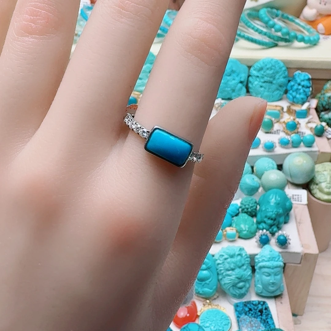 绿松石银S925镶嵌高瓷绿特色水波纹马鞍戒