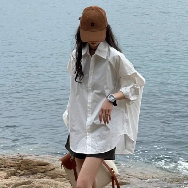 春夏新款韩范高级感白色衬衣+PU皮短裤时尚休闲两件套装女春秋