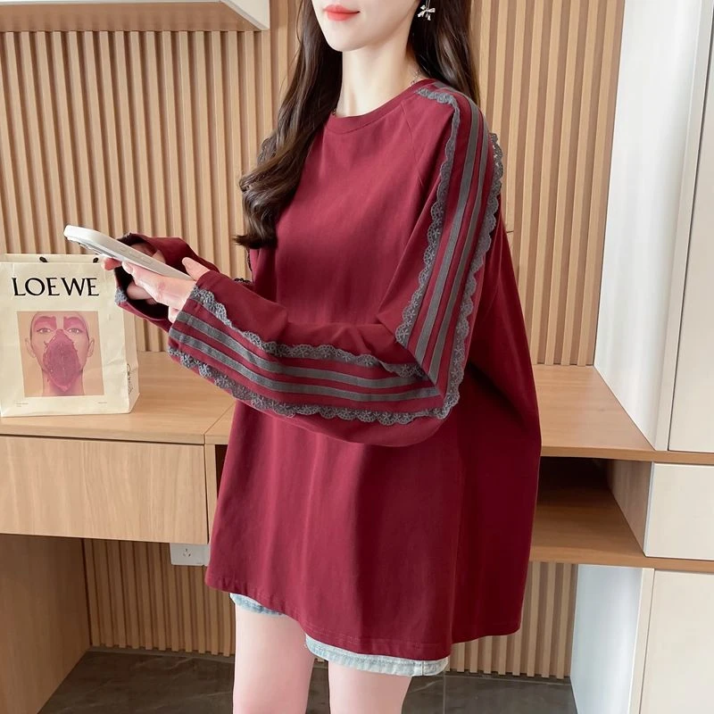 高级感安哥拉红色拼接蕾丝长袖T恤女春秋季2025新款显瘦宽松上衣