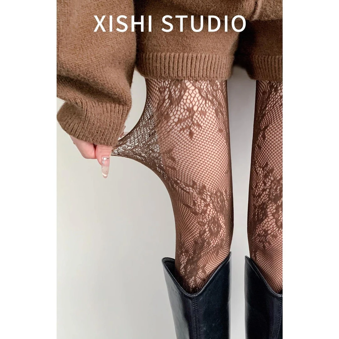 美拉德咖啡色丝袜女春秋防勾丝打底袜子夏季蕾丝复古花朵提花网袜