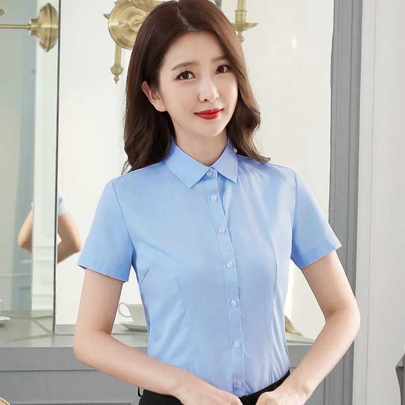 女士衬衫工作服夏季女装修身显瘦短袖大码正装蓝色衬衫职业正装