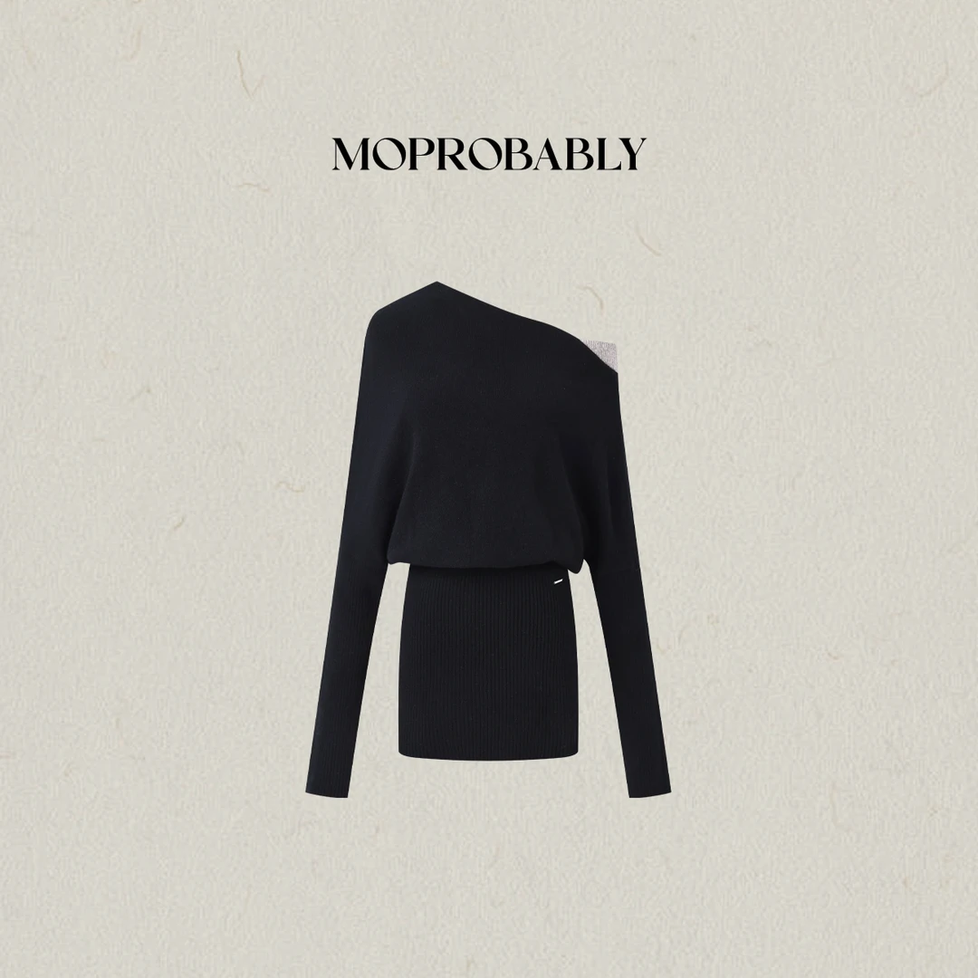 Moprobably李予诺「可露丽」高克重绵羊毛斜肩撞色连衣裙L5480001