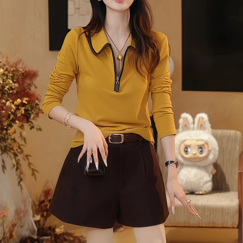 韩版纯色磨毛半拉链翻领长袖T恤女秋季新款洋气显瘦打底内搭上衣