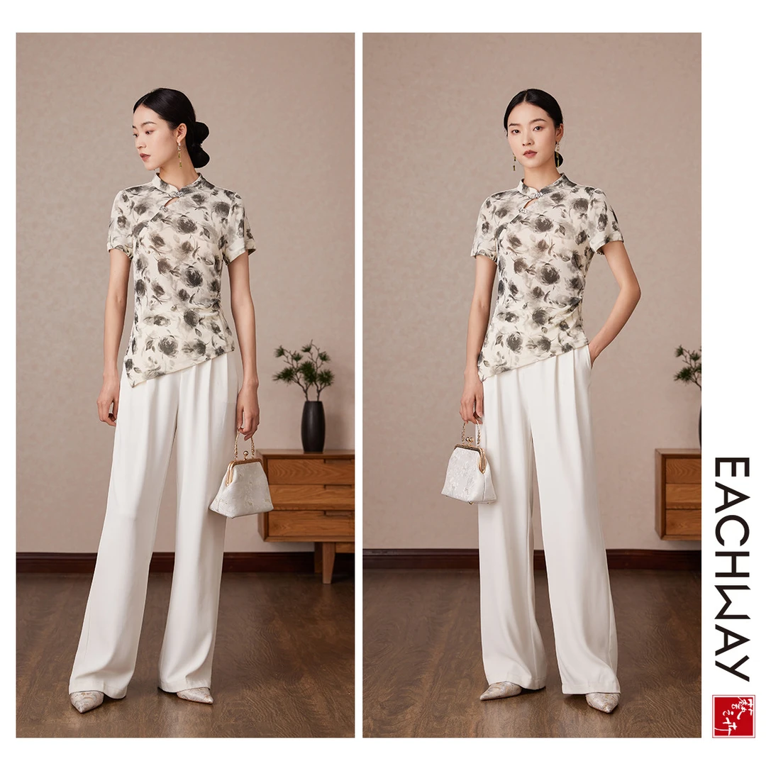 艺之卉【显瘦印花国风精美金属扣T恤】新中式短袖夏季上衣女