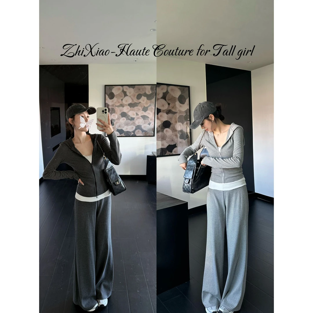 48h【慵懒周末outfit】加长条纹正肩连帽卫衣+高腰条纹裤套装25074