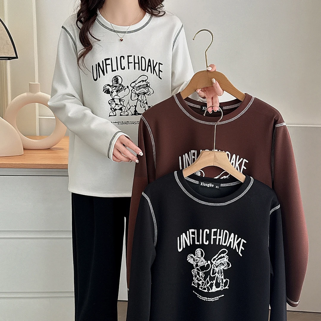 胖妹妹打底衫春秋款2025新款大码200斤时尚设计感印花明线长袖t恤