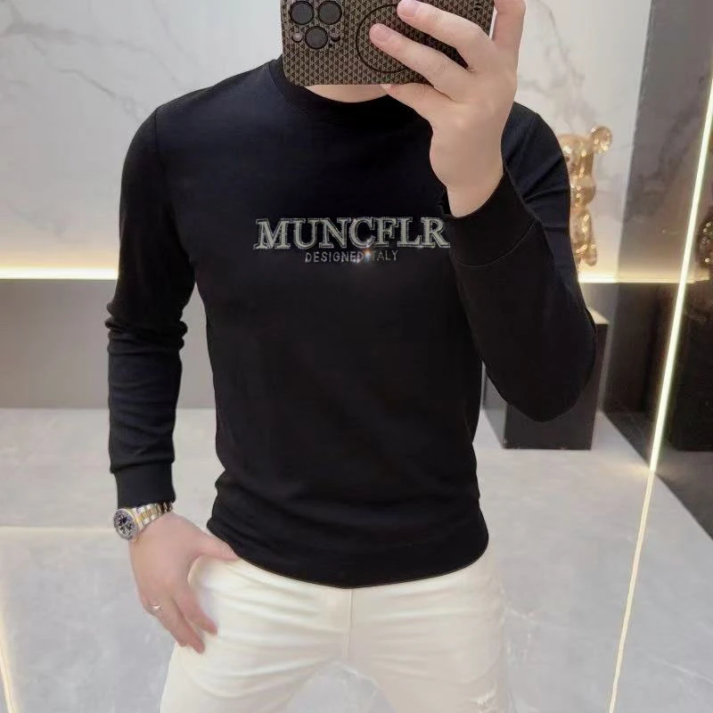 2025秋冬新款欧货时尚修身帅气青年圆领字母烫钻长袖卫衣男打底衫