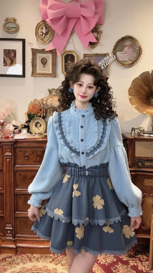 现货一生罗曼【星辰】冬季加厚温柔设计感撞色荷叶边衬衫Y4693