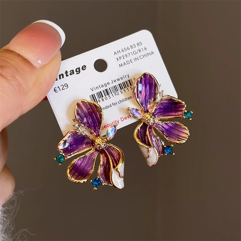 铜合金珐琅耳饰 734#东大门轻奢高级感紫色花朵耳环气质复古耳钉