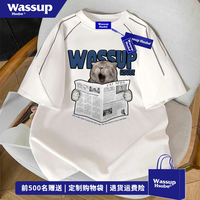 WASSUP HSUBE夏季潮流报纸小猫印花短袖T恤男高街风百搭线条上衣