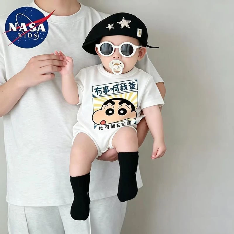 蜡笔小新婴儿衣服夏薄款男宝宝0一6月纯棉短袖包屁连体有事喊我爸