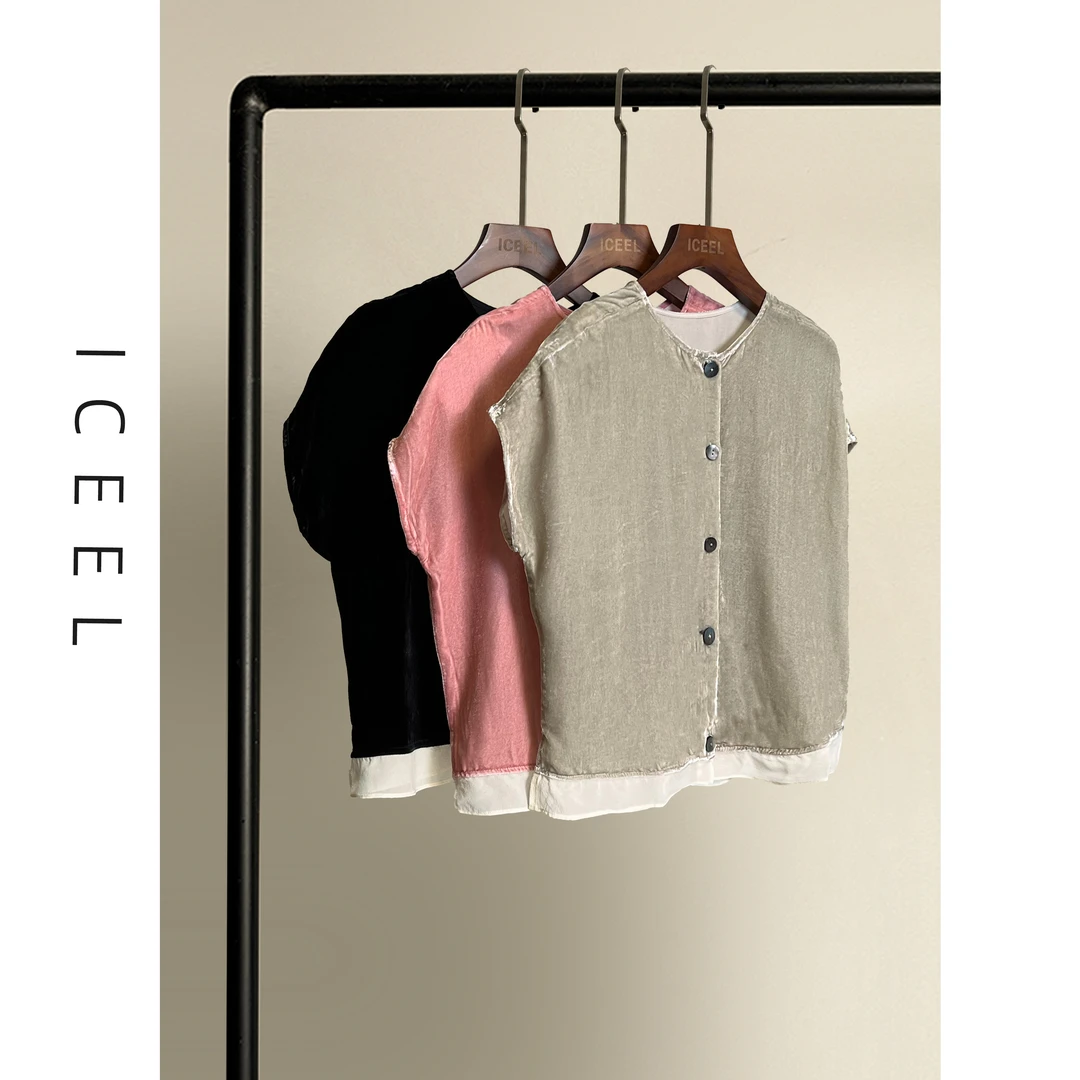 ICEEL欧若风宽松短袖圆领真丝绒衬衫女夏季新款开衫贵妇上衣穿搭