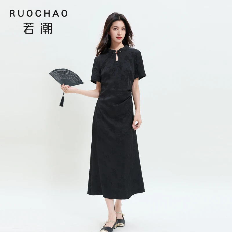 三彩大码女装2025秋季新款国风旗袍连衣裙长裙立领提花胖MM