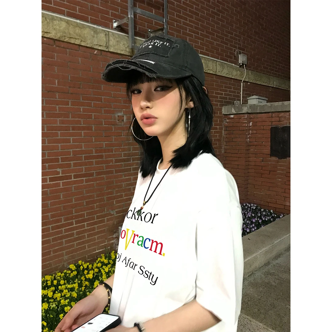 夏季新款潮流炫彩印花t恤街头风清凉设计感港式慵懒短袖上衣