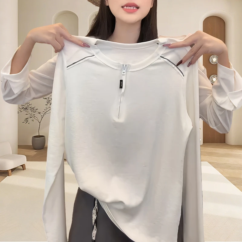 白色简约休闲半拉链长袖t恤女士小个子正肩打底上衣独特漂亮小衫