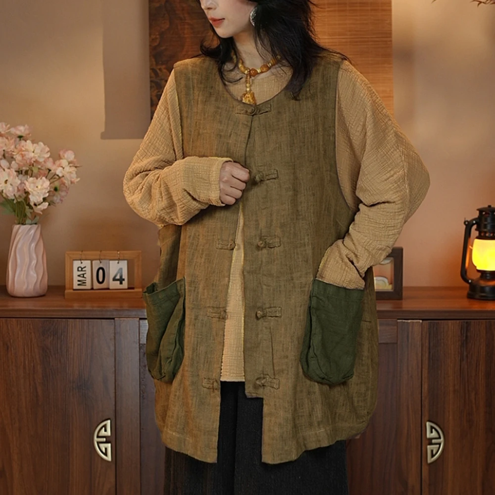 国风马甲女春夏新款休闲新中式复古炒色做旧背心盘扣中长款坎肩