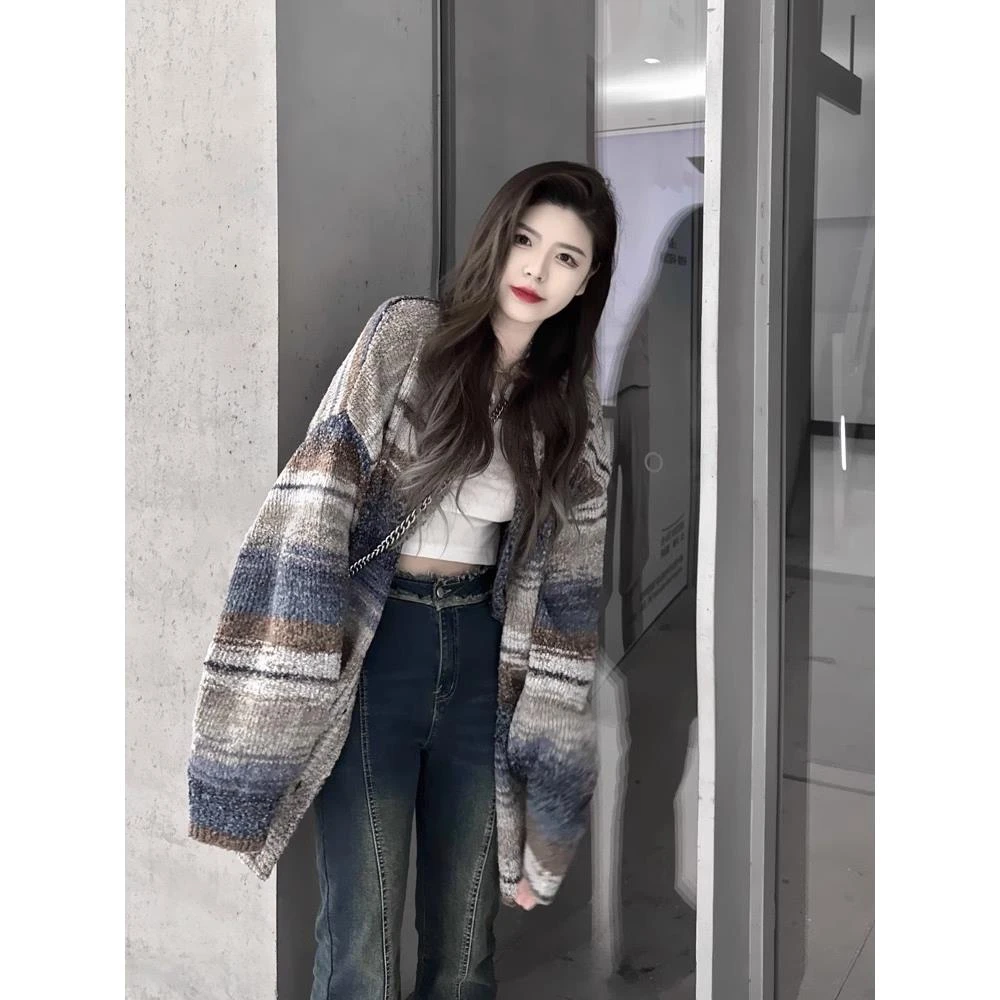 韩版撞色条纹开衫毛衣外套女秋冬设计感小众宽松慵懒针织上衣