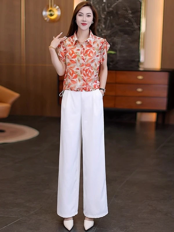 时尚休闲套装女夏季新款洋气高级感显瘦印花短袖衬衣直筒裤两件套