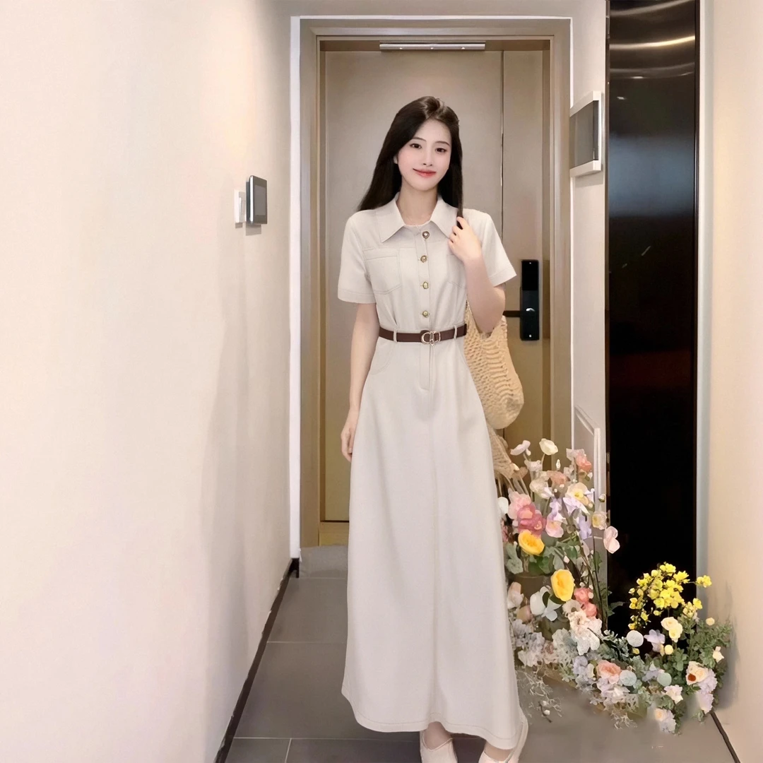【筱安】【送腰带】翻领短袖连衣裙女2025夏季新款收腰显瘦裙D1632