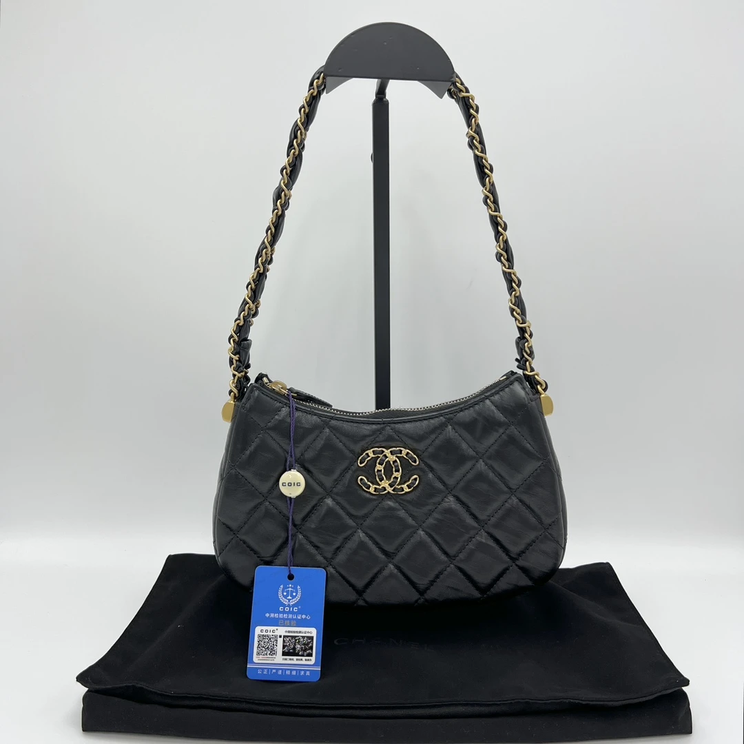 99新 Chanel/香奈儿 23K黑金hobo单肩腋下包 11124