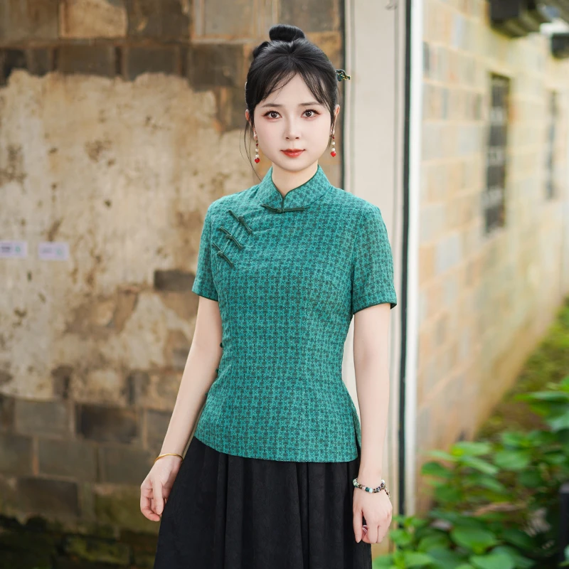 筠雅夏季新款新中式国风上衣民国复古减龄唐装女装斜襟短袖25J160