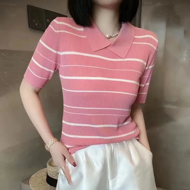 中袖薄款polo毛针织衫夏季针天丝气质条纹
