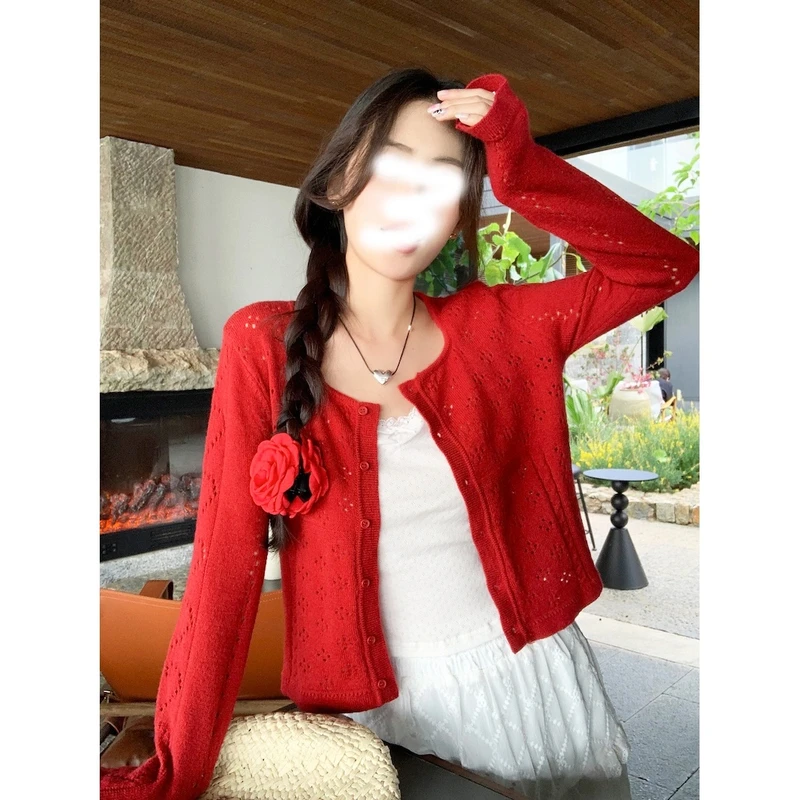 韩版春夏新款红色镂空短款针织开衫女设计感镂空显瘦防晒长袖上衣