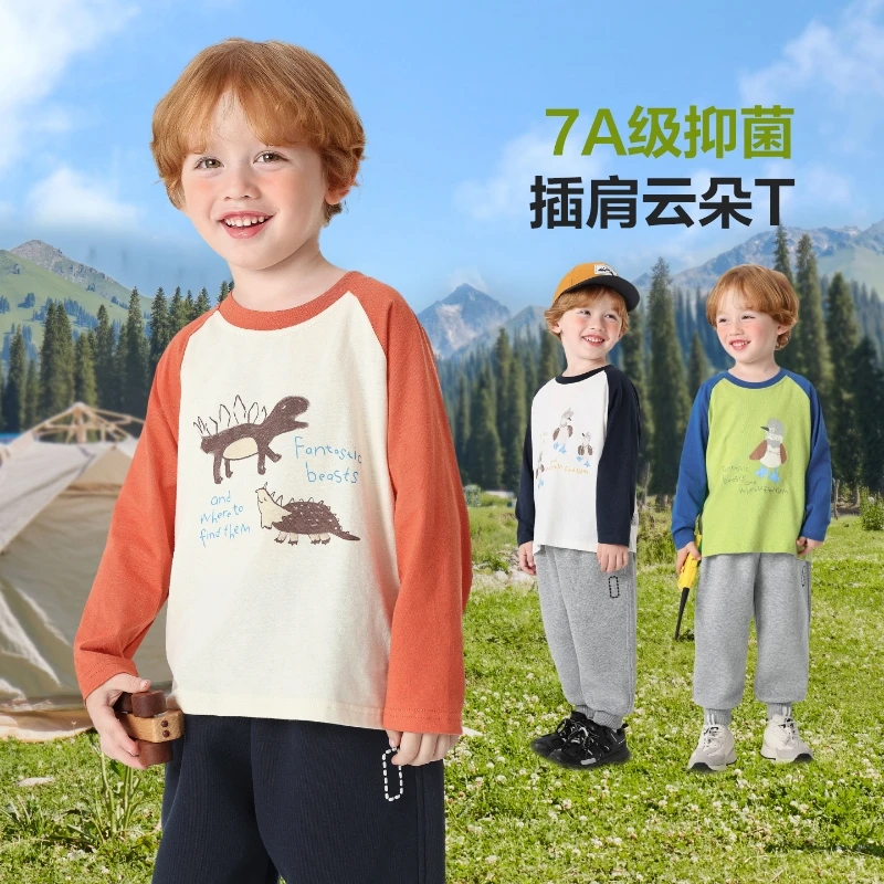 【卡通拼色插肩袖】右欧男童长袖T恤抗菌上衣儿童宝宝春秋潮U16407