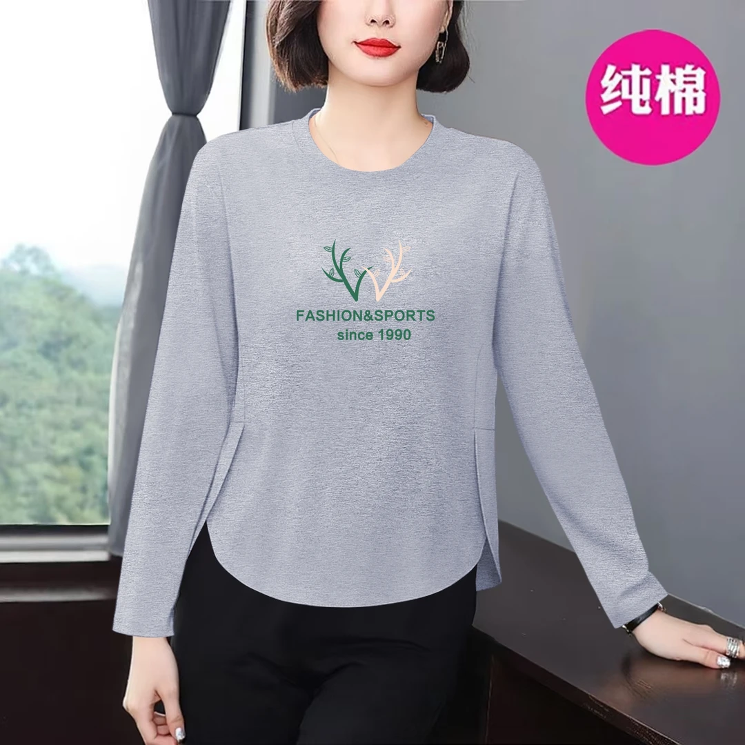 减龄春秋纯棉长袖t恤女新款大码显瘦时尚气质百搭中年上衣外穿潮