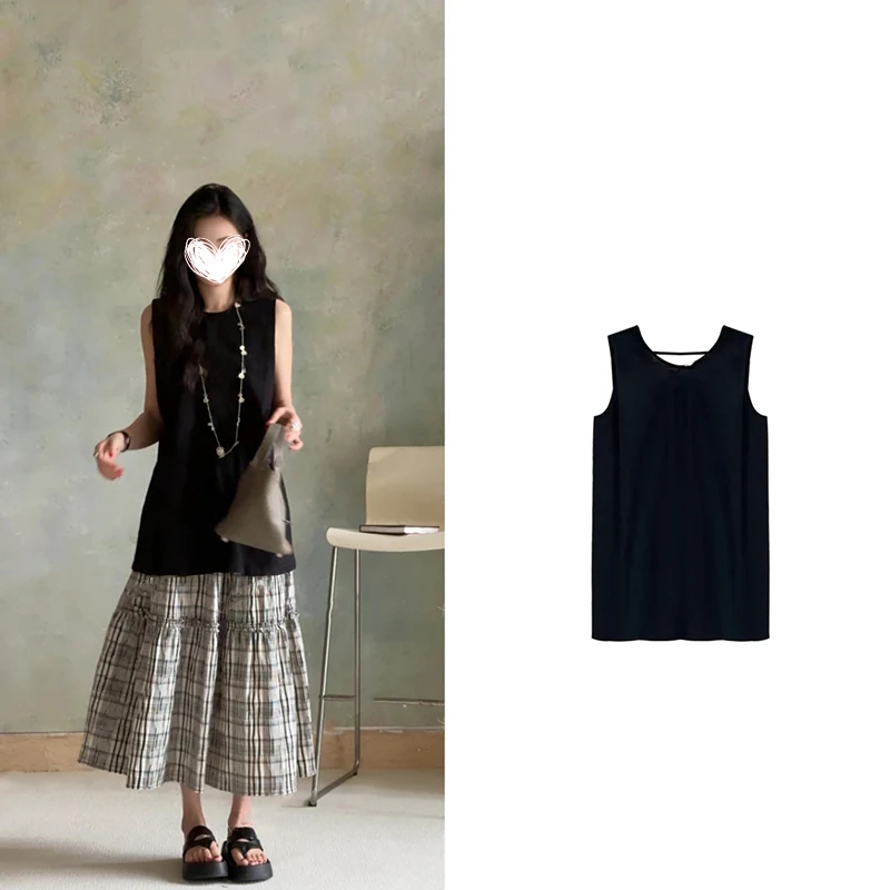 【怦然心动】纯色无袖黑色上衣直筒蓝色休闲裤格纹半身裙套装