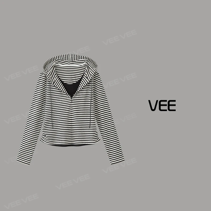VEE【随手穿】新款宽松休闲简约百搭套头撞色条纹连帽卫衣