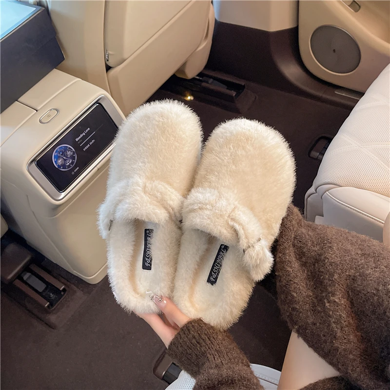 白色毛毛拖鞋女外穿加绒保暖一脚蹬秋冬季2025新款包头勃肯棉拖鞋