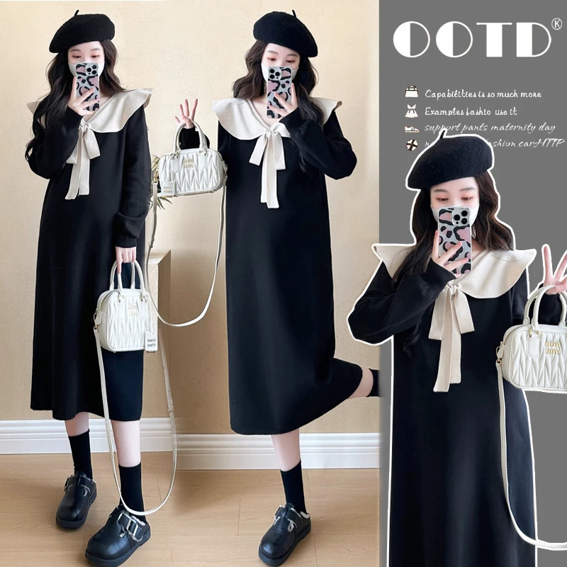 孕妇装春秋季2025新款娃娃领孕妇裙宽松针织打底衫显瘦孕妇连衣裙