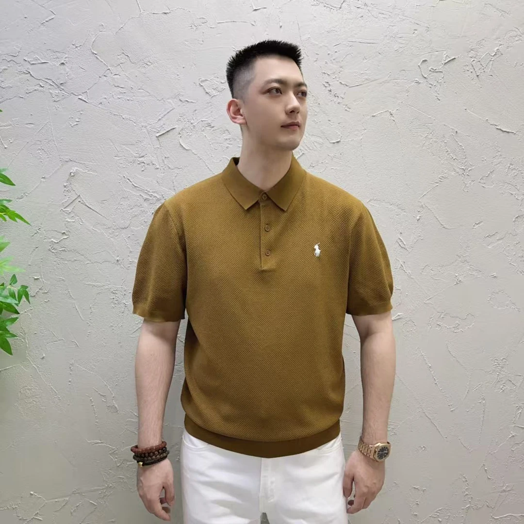 夏季薄款高端冰丝透气高弹力小标刺绣有型翻领男士奢华POLO衫半袖