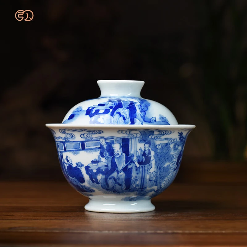 百弘八仙祝寿二才盖碗茶杯单个景德镇茶具手绘青花瓷功夫茶泡茶碗