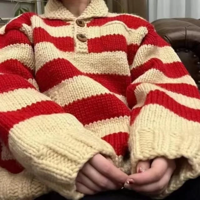 加厚版！慵懒红色条纹粗针翻领毛衣女秋季新款韩版宽松套头针织衫