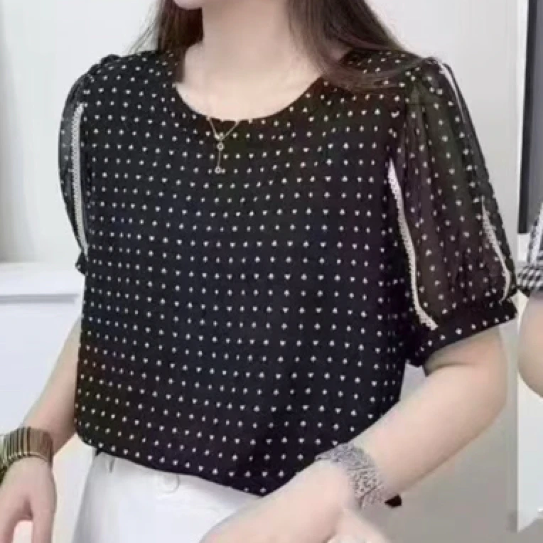 新款夏季显瘦遮肚子休闲短袖时尚百搭圆领宽松爱心扑克牌雪纺衫