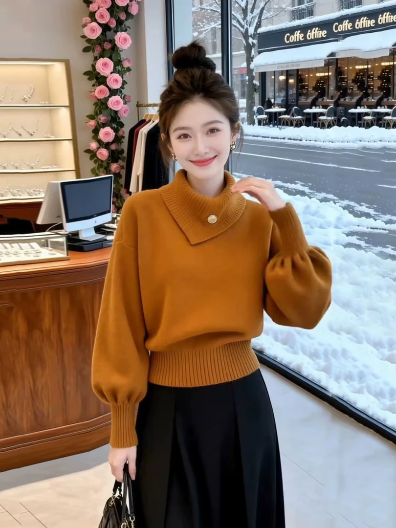 秋冬韩系淡人高知老钱风轻熟设计感软糯慵懒橘色高领打底针织衫女