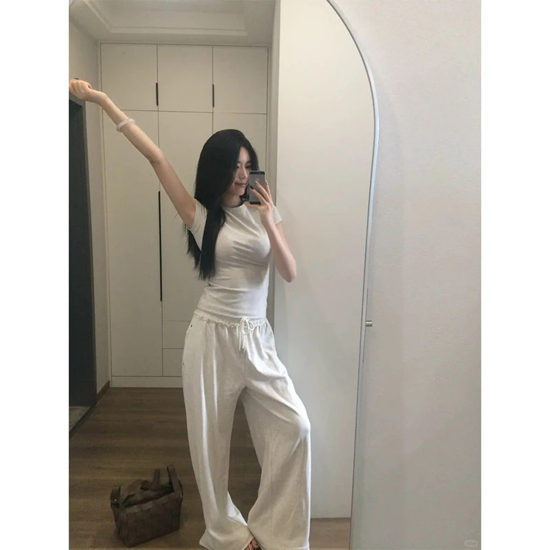 简约风修身显瘦圆领T恤短袖上衣2025夏季时尚休闲宽松百搭长裤女
