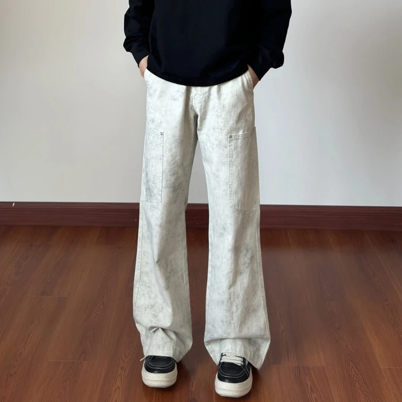 cleanfit美式复古百搭多口袋潮大理石纹工装裤宽松小微喇直筒长裤