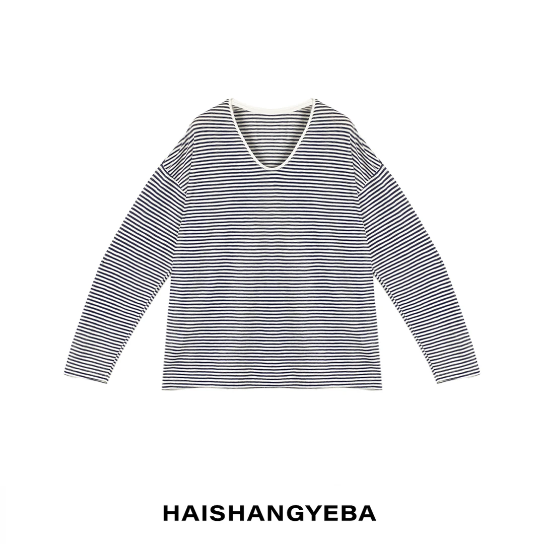 【海上叶爸】新款2025夏季百搭棉V领休闲通勤薄款条纹T恤