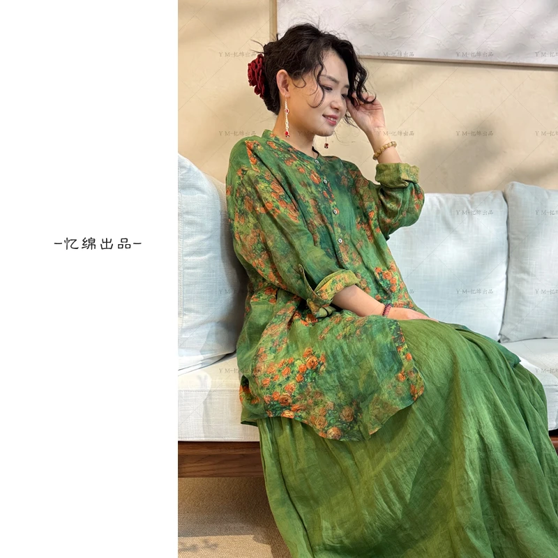 忆绵出品21191“寻梦山茶”宽松休闲苎麻印花松弛感上衣