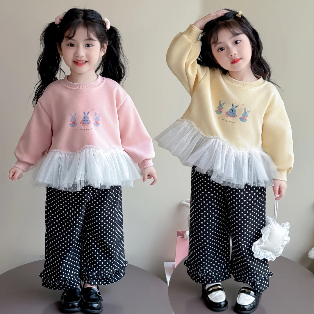 女童拼纱卫衣套装春秋新款小女孩甜美女宝宝阔腿裤两件套小童时髦