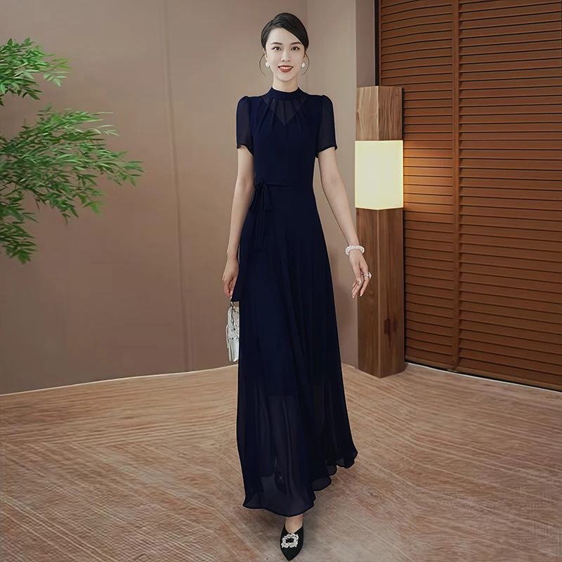 藏蓝色高贵气质显瘦连衣裙2025夏季新款轻奢时尚名媛风贵气长裙89