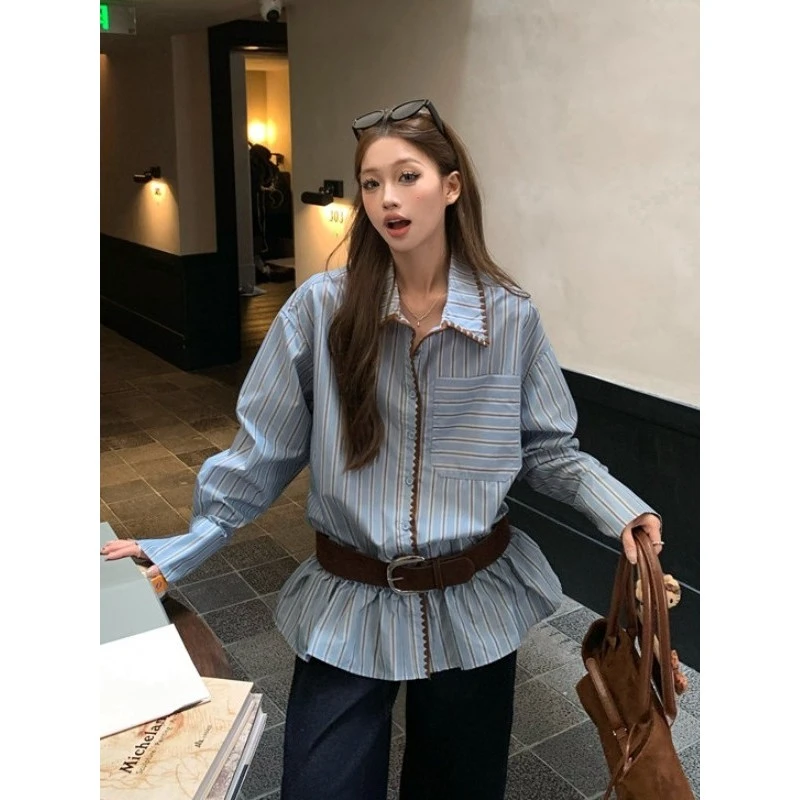 【带腰带】设计感撞色条纹长袖衬衫女早秋小众休闲宽松衬衣时髦上衣