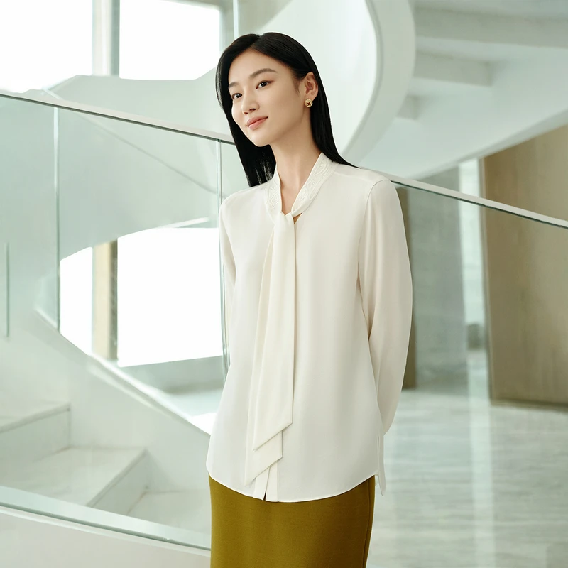 EP雅莹高端系列 重磅桑蚕丝肌理飘带白色女士衬 年新款2203A