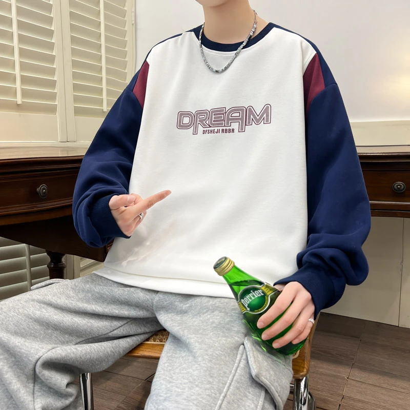 男款上衣圆领卫衣韩版套头春秋季ins撞色拼色港风长袖男士衣服潮