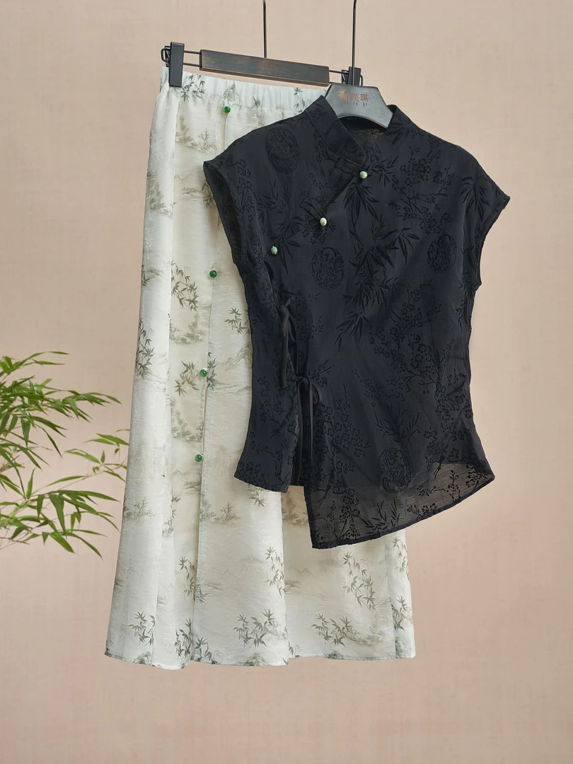 M1387#阿芝专属 新中式女装穿搭一整套改良盘扣上衣配国风半身裙